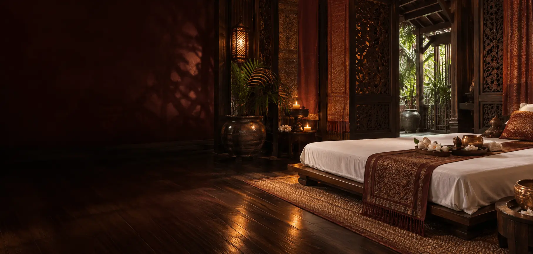 Stimmungsbild eines thailändisch inspirierten Massageraums mit warmem Licht und Teakholz