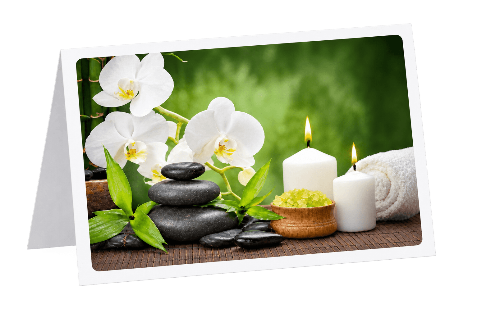 MiChai Gutscheinmotiv mit Orchideen, schwarzen Steinen und Kerzen