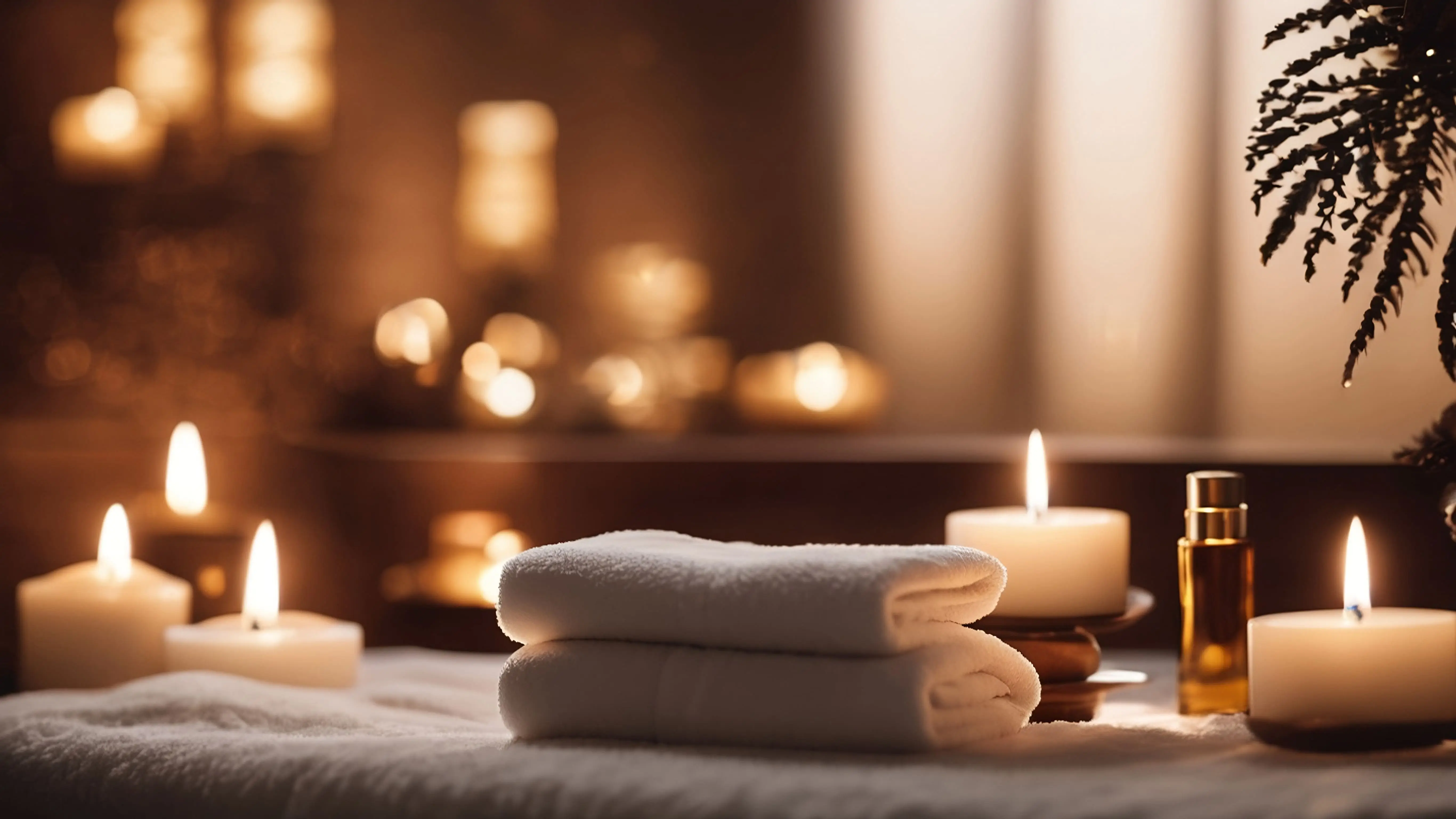 Spa-Atmosphäre mit Handtüchern, Massageöl und Kerzen