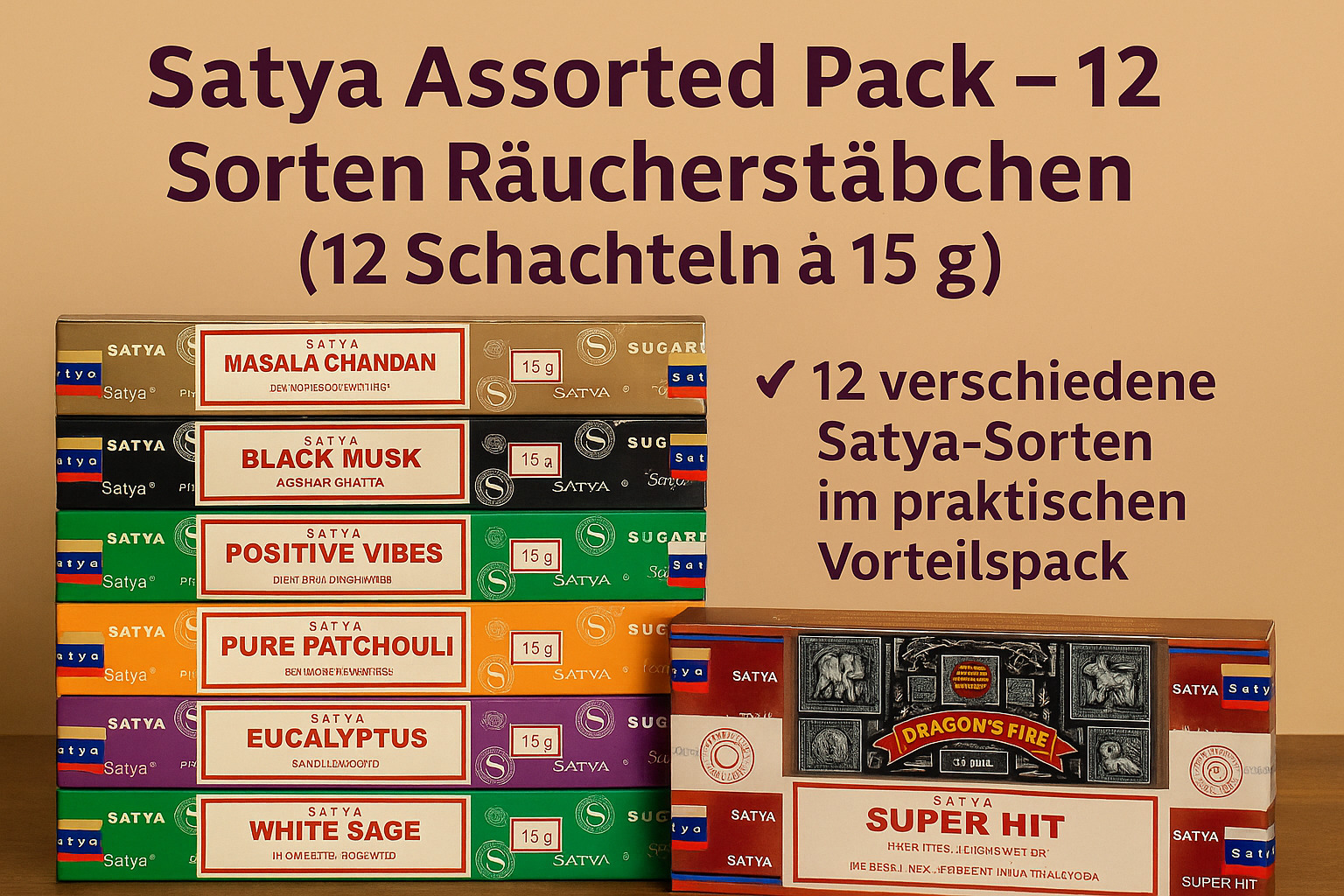 Satya Assorted Pack – 12 Sorten Räucherstäbchen im Vorteilspack