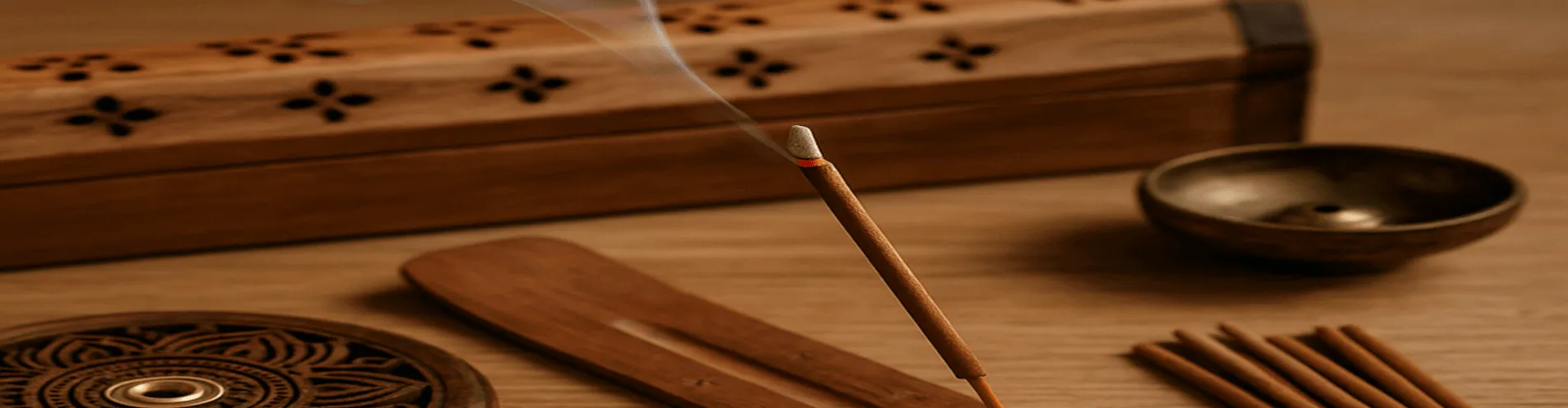 Holzbox mit Räucherstäbchen und Schale