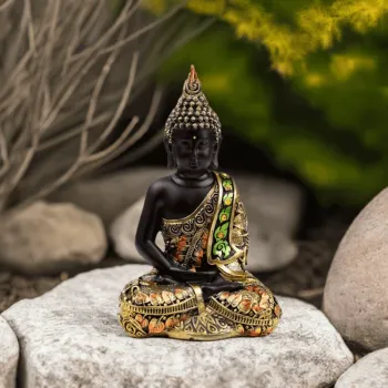 Thai Buddha Statue Kontemplation schwarz/orange/gold von vorne