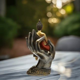 Preview: Thai Buddha sitzend majestätisch in einer Hand von hinten