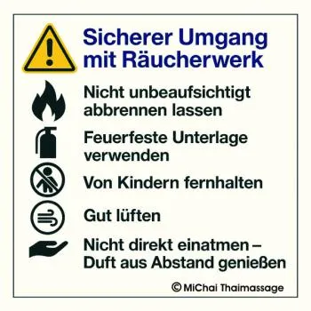 Sicherheitshinweis: Räucherwerk nie unbeaufsichtigt abbrennen lassen, feuerfeste Unterlage verwenden, von Kindern fernhalten, gut lüften, nicht direkt einatmen – Duft aus Abstand genießen.