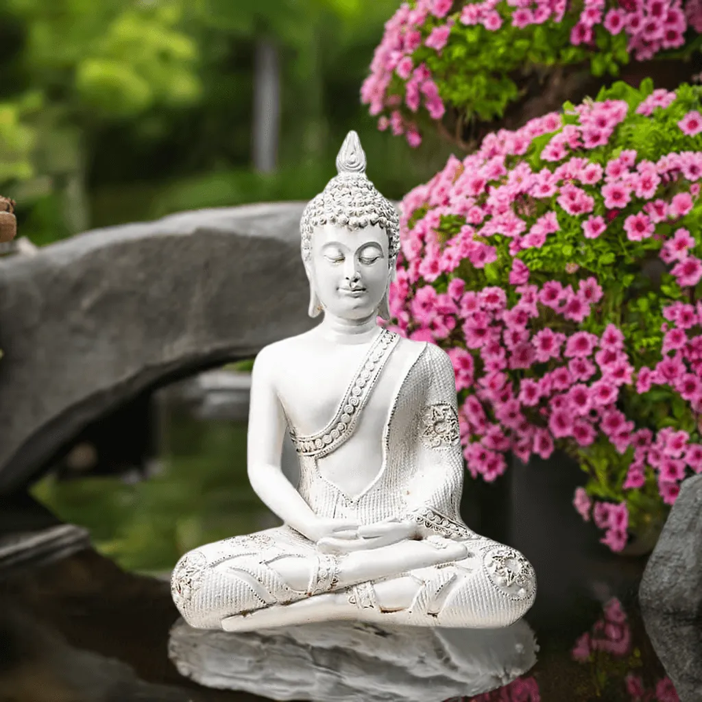 Eine elegante, weiße Buddha-Figur aus Polyresin in Meditationshaltung