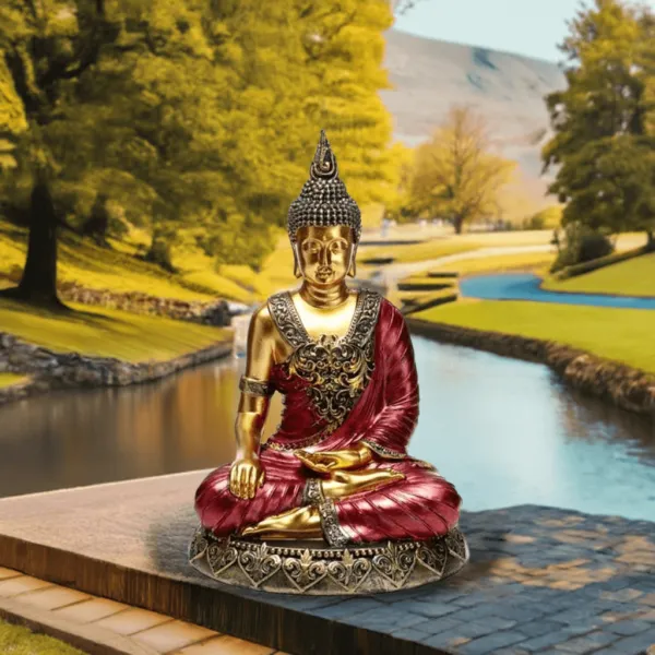 Thai Buddha Statue meditierend in rot / gold von vorne