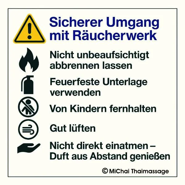 Sicherheitshinweis: Räucherwerk nie unbeaufsichtigt abbrennen lassen, feuerfeste Unterlage verwenden, von Kindern fernhalten, gut lüften, nicht direkt einatmen – Duft aus Abstand genießen.